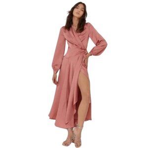 Satin Dress Nasty Gal Long sleeve midi wrap dress rose color size 4 NWT